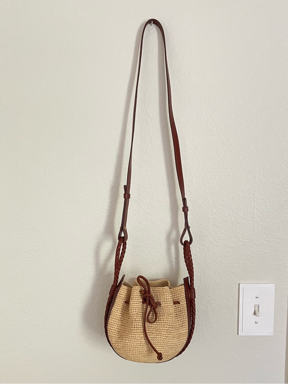 Sezane Woven Straw Crossbody Bag with Brown Leather Trim